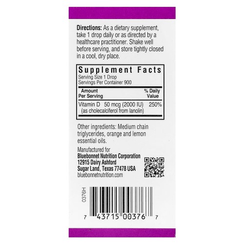 Bluebonnet Nutrition, жидкий витамин D3 в каплях, цитрус, 50 мкг (2000 МЕ), 30 мл (1 жидк. унция)